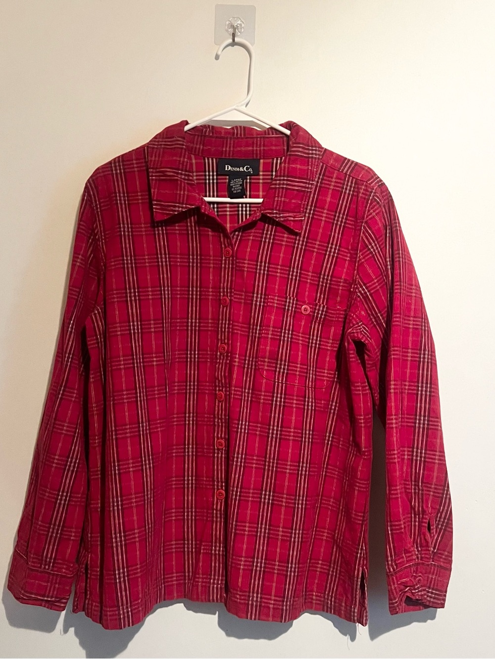Denim&Co Red Plaid Cotton Button-Up Shirt 100% cotton